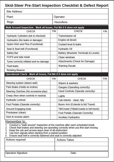 skid steer pre start checklist